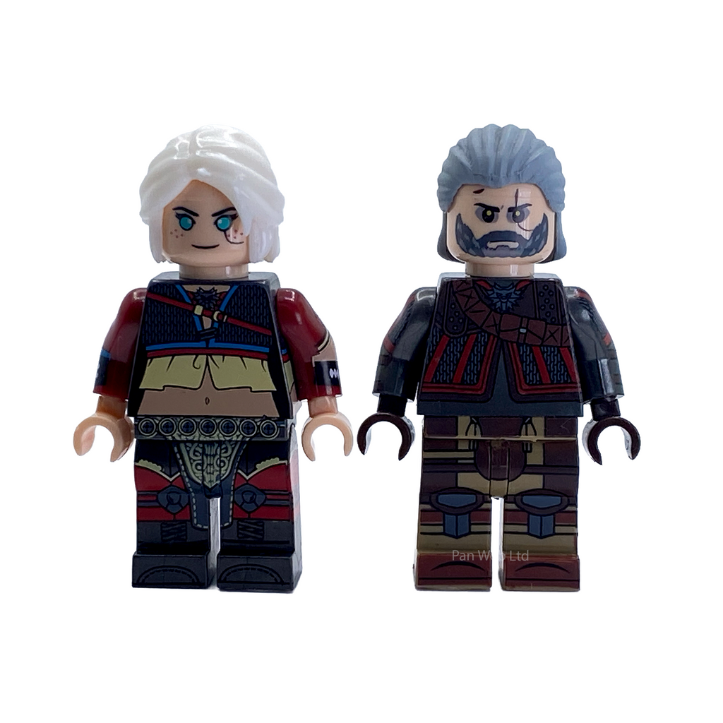 Front view of Geralt and Ciri custom minifigures standing side by side