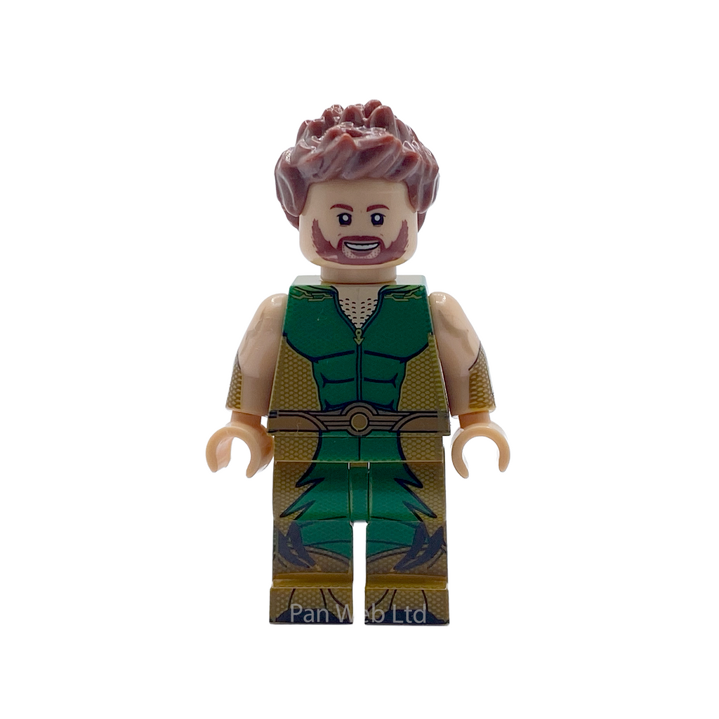 Front view of The Deep custom brick figure in green and gold costume