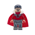 Front view of Thragg custom minifigure with red cape, white collar, grey battle suit and dark hair
