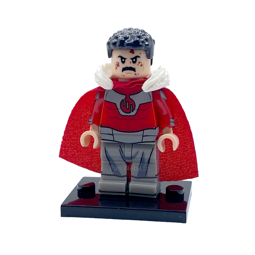 Thragg custom minifigure front view with stern expression, red uniform, grey legs and printed armour details