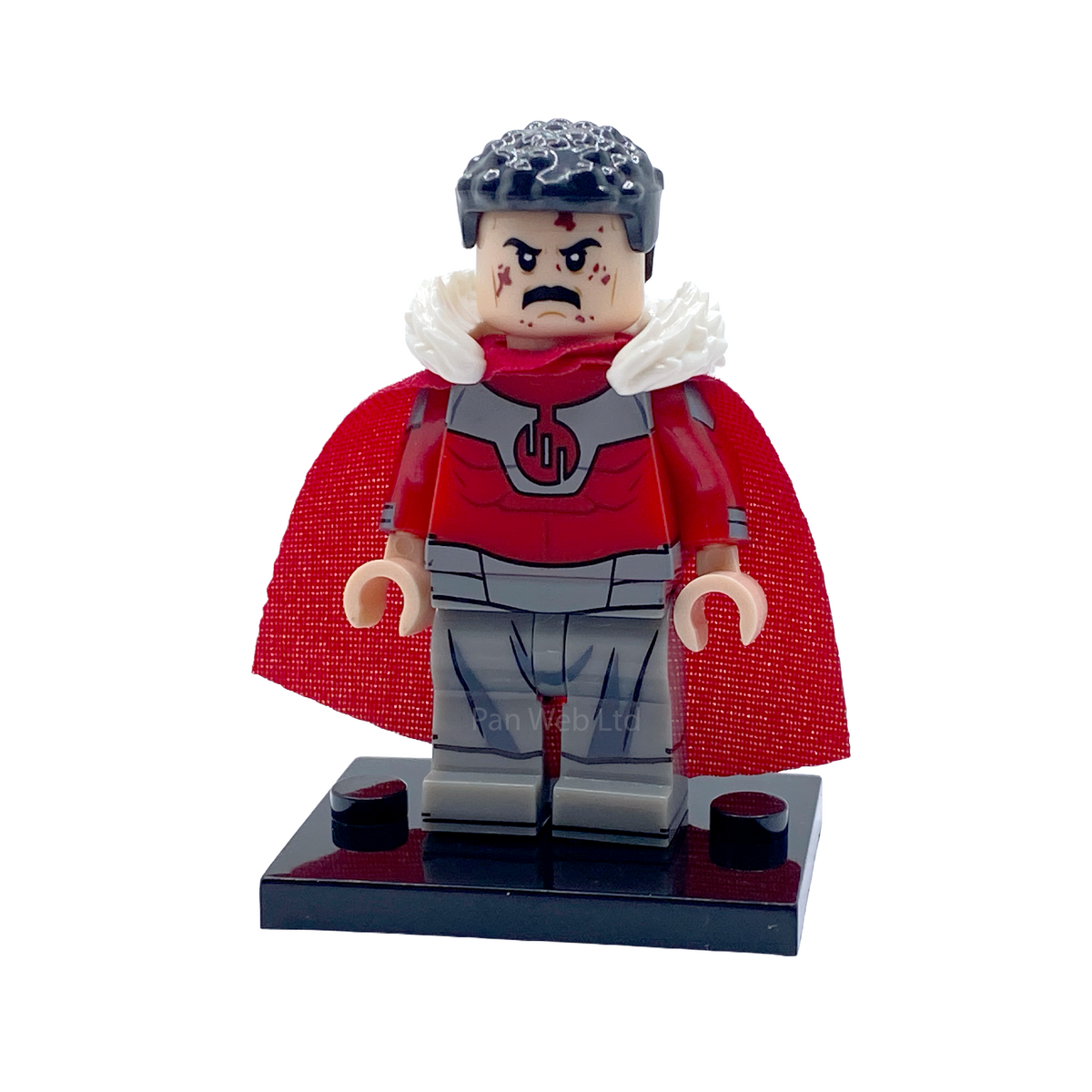 Thragg custom minifigure front view with stern expression, red uniform, grey legs and printed armour details