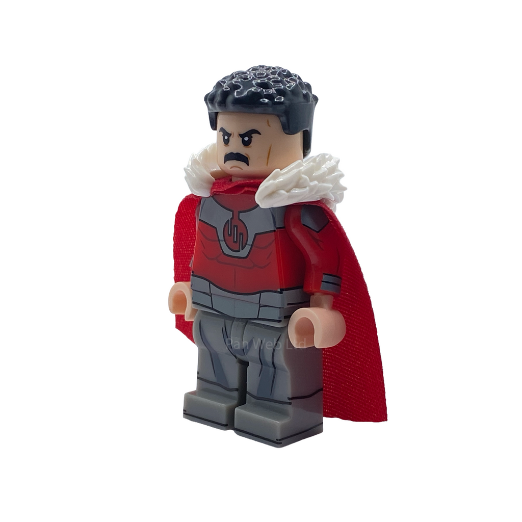 Three-quarter view of Thragg custom minifigure showing red cape, grey armour and detailed character printing