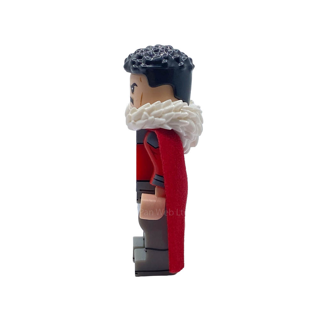 Side profile of Thragg custom minifigure showing dark hair, white collar, red cape and grey battle suit