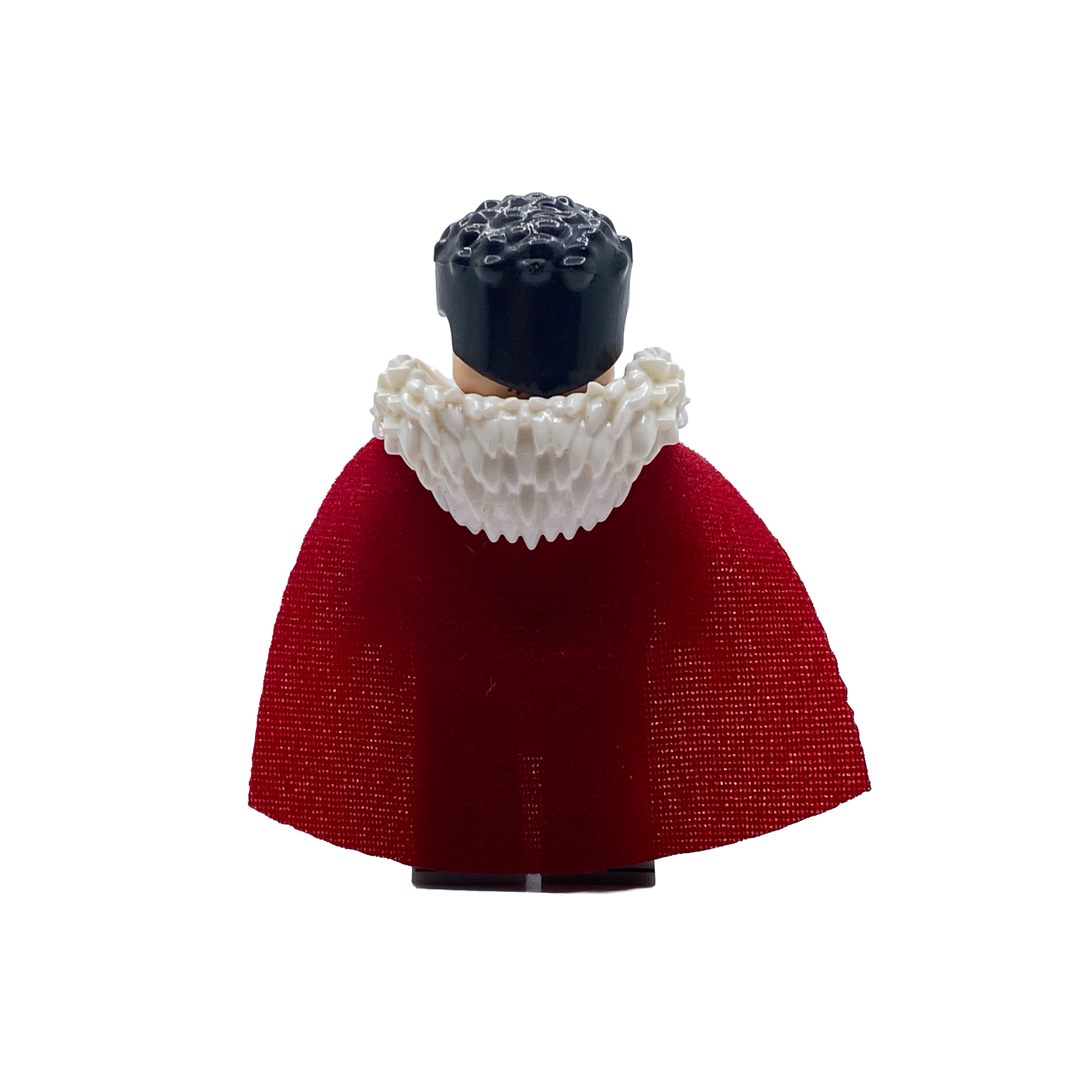 Rear view of Thragg custom minifigure highlighting the flowing red cape, white collar and dark hair