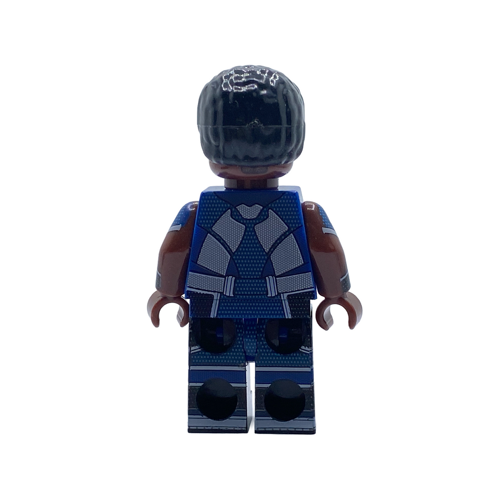 Rear view of A-Train custom brick figure showing the printed outfit detail