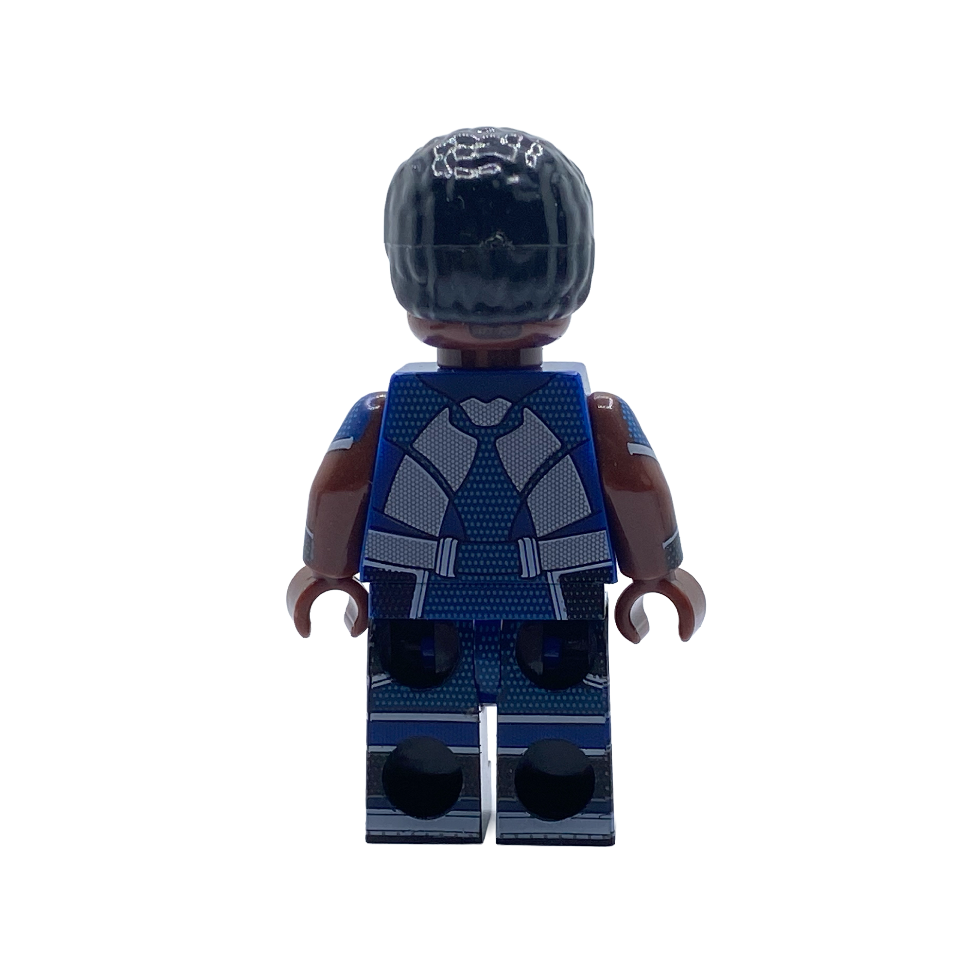 Rear view of A-Train custom brick figure showing the printed outfit detail