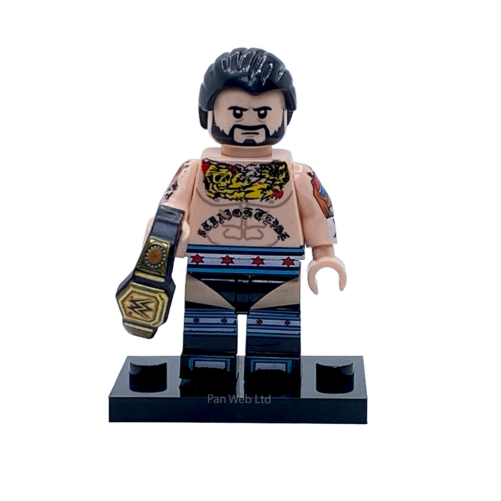 CM Punk WWE custom minifigure displayed with a black-and-gold championship belt on a black display base.