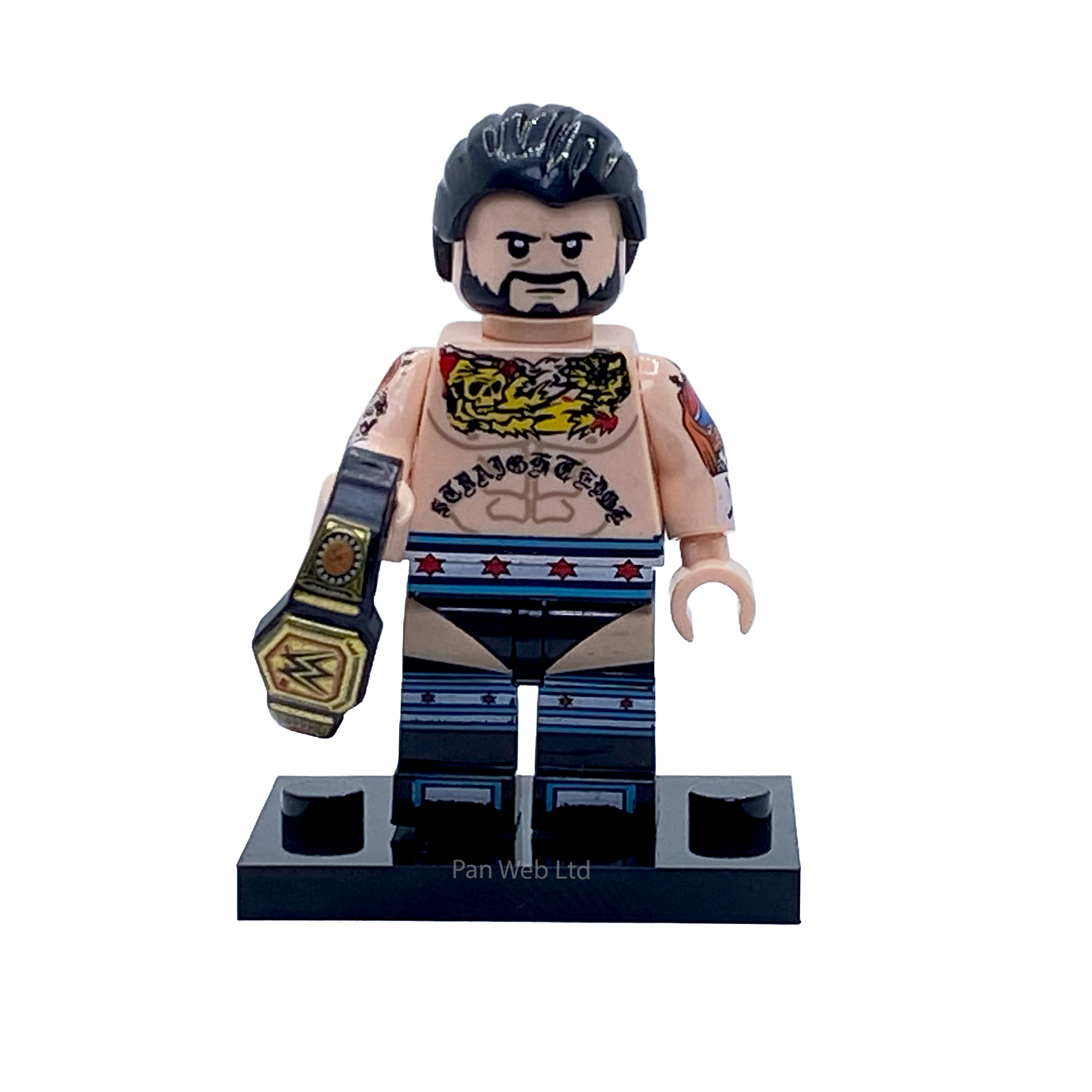 CM Punk WWE custom minifigure displayed with a black-and-gold championship belt on a black display base.