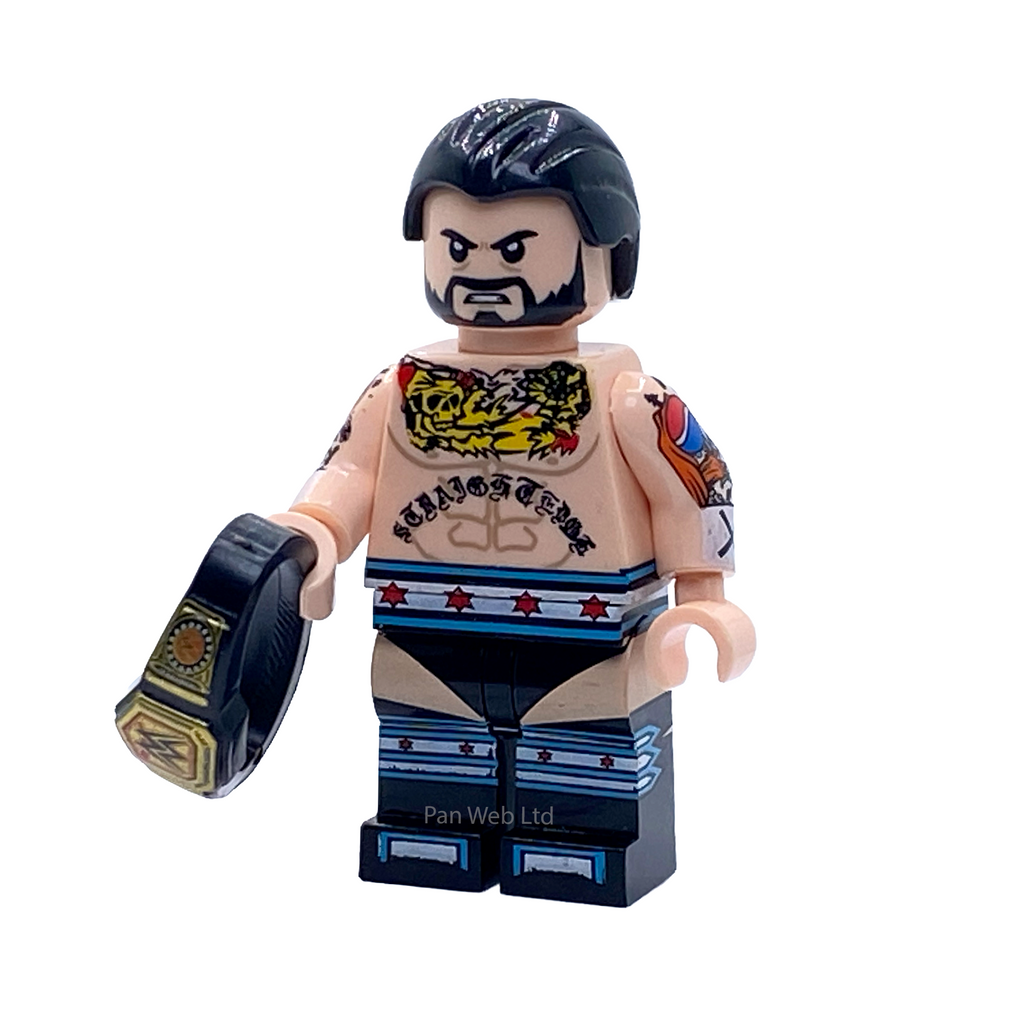 CM Punk WWE custom minifigure with black hair and beard, detailed tattoos and blue-and-white ring trunks, holding a championship belt.