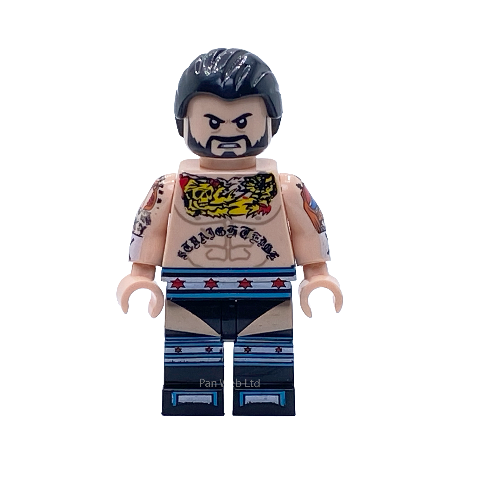 Front view of the CM Punk WWE custom minifigure showing black hair, beard, chest and arm tattoos and blue-and-white ring gear.