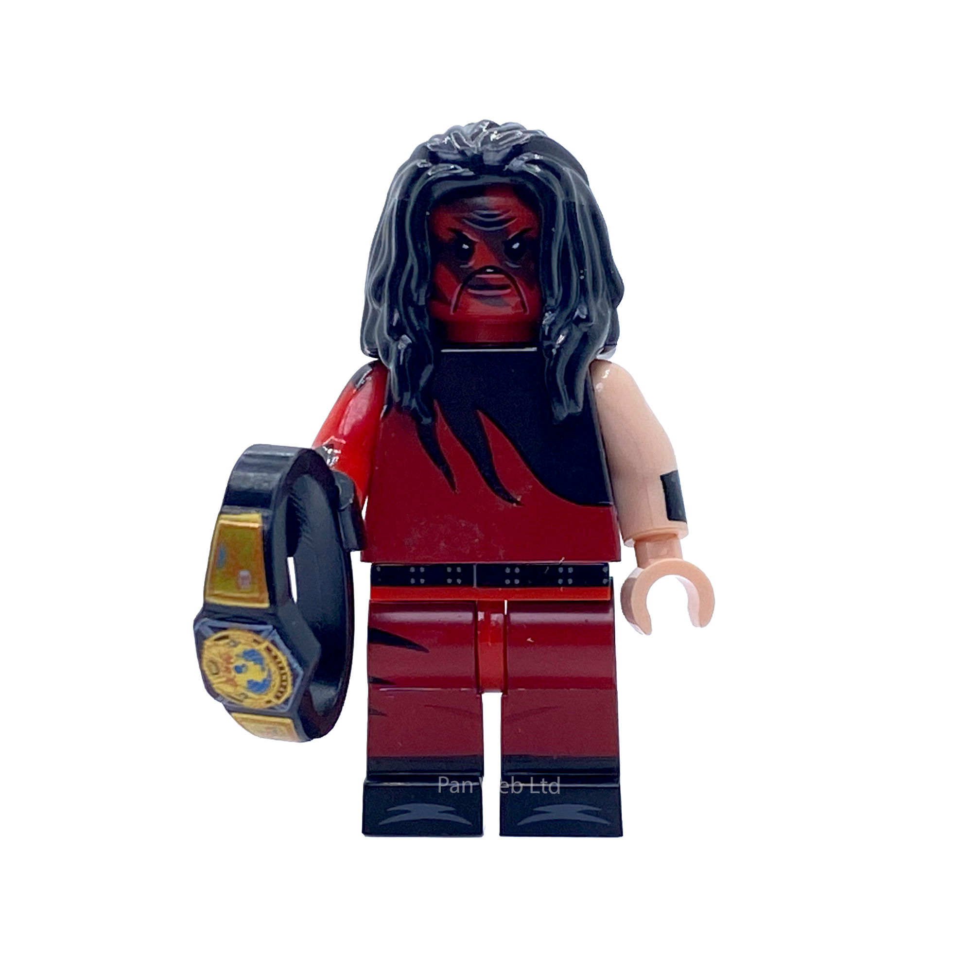 Kane WWE custom minifigure in red-and-black ring gear with long black hair, holding a black-and-gold championship belt, front view.
