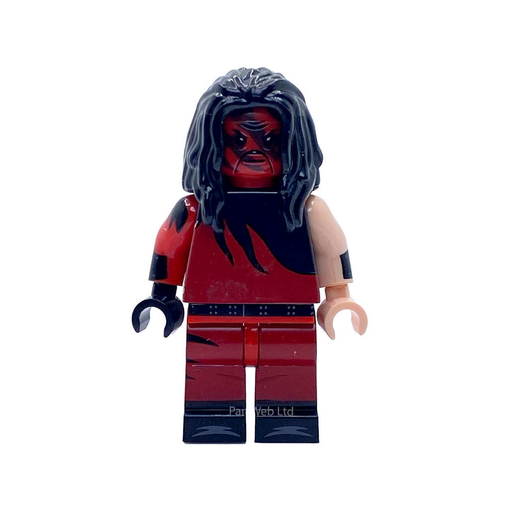 Front view of the Kane WWE custom minifigure showing his red-and-black mask, long black hair and printed wrestling attire.