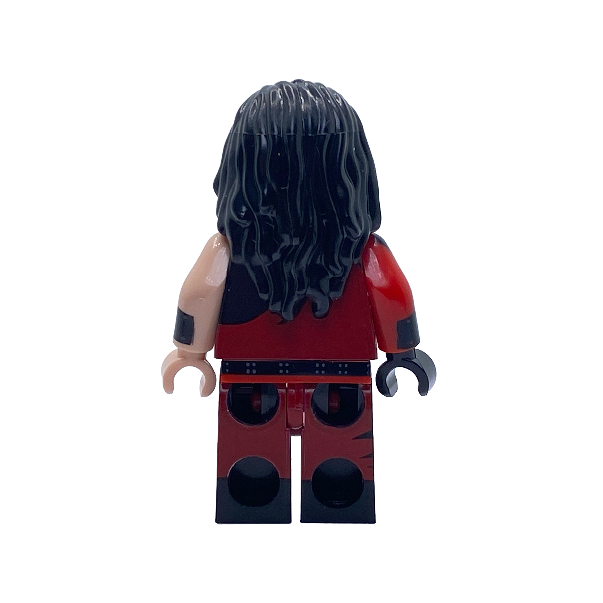 Rear view of the Kane WWE custom minifigure showing long black hair and the back of his red-and-black ring attire.