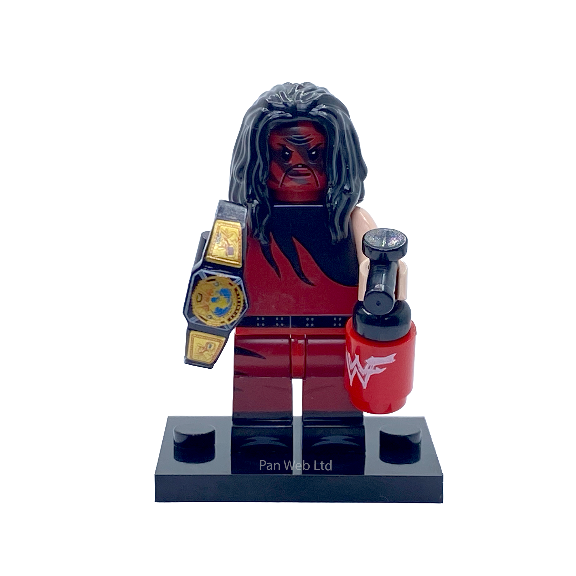 Kane WWE custom minifigure on a black display base with a black-and-gold championship belt and red fire extinguisher accessory.