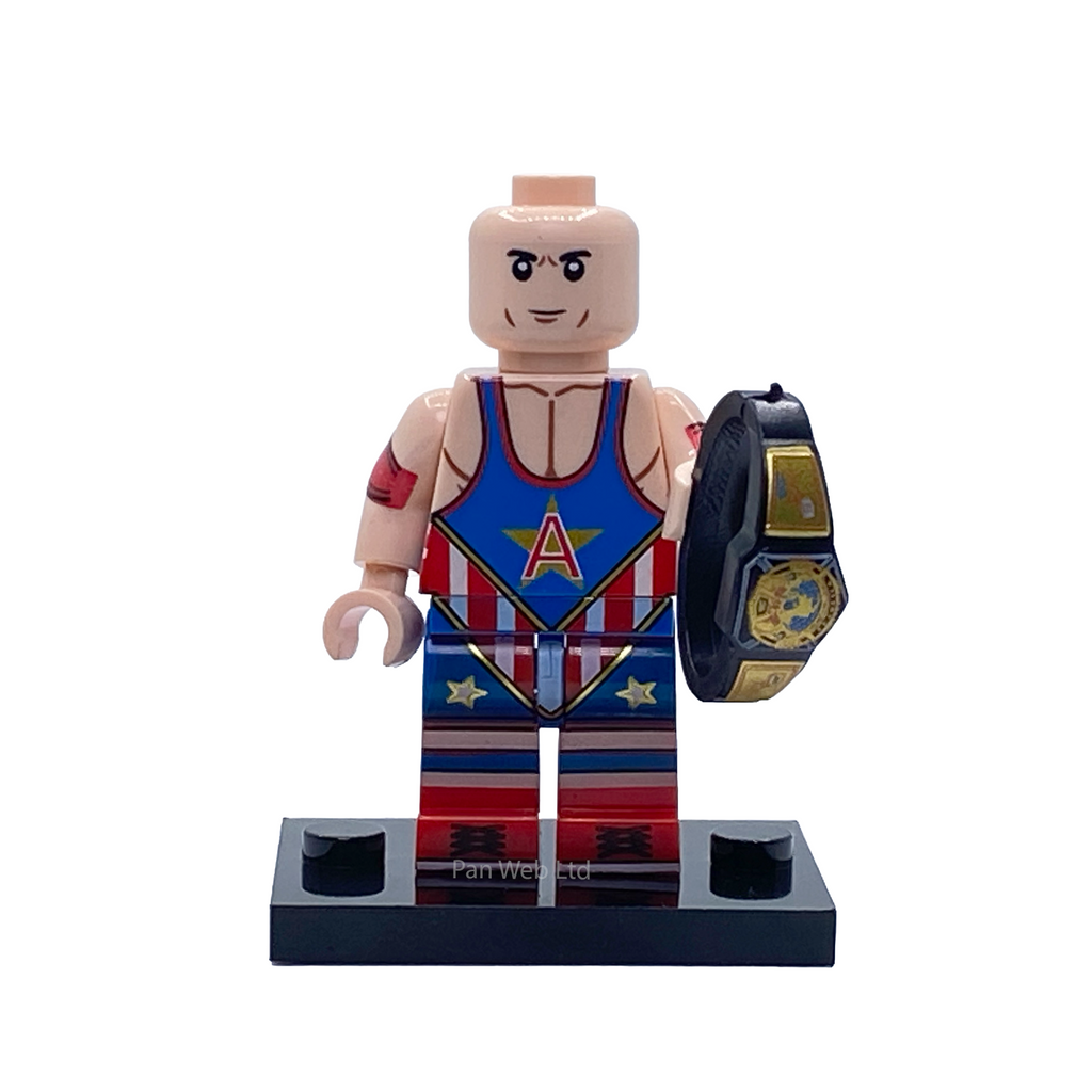 Kurt Angle WWE custom minifigure displayed with a black-and-gold championship belt on a black display base.