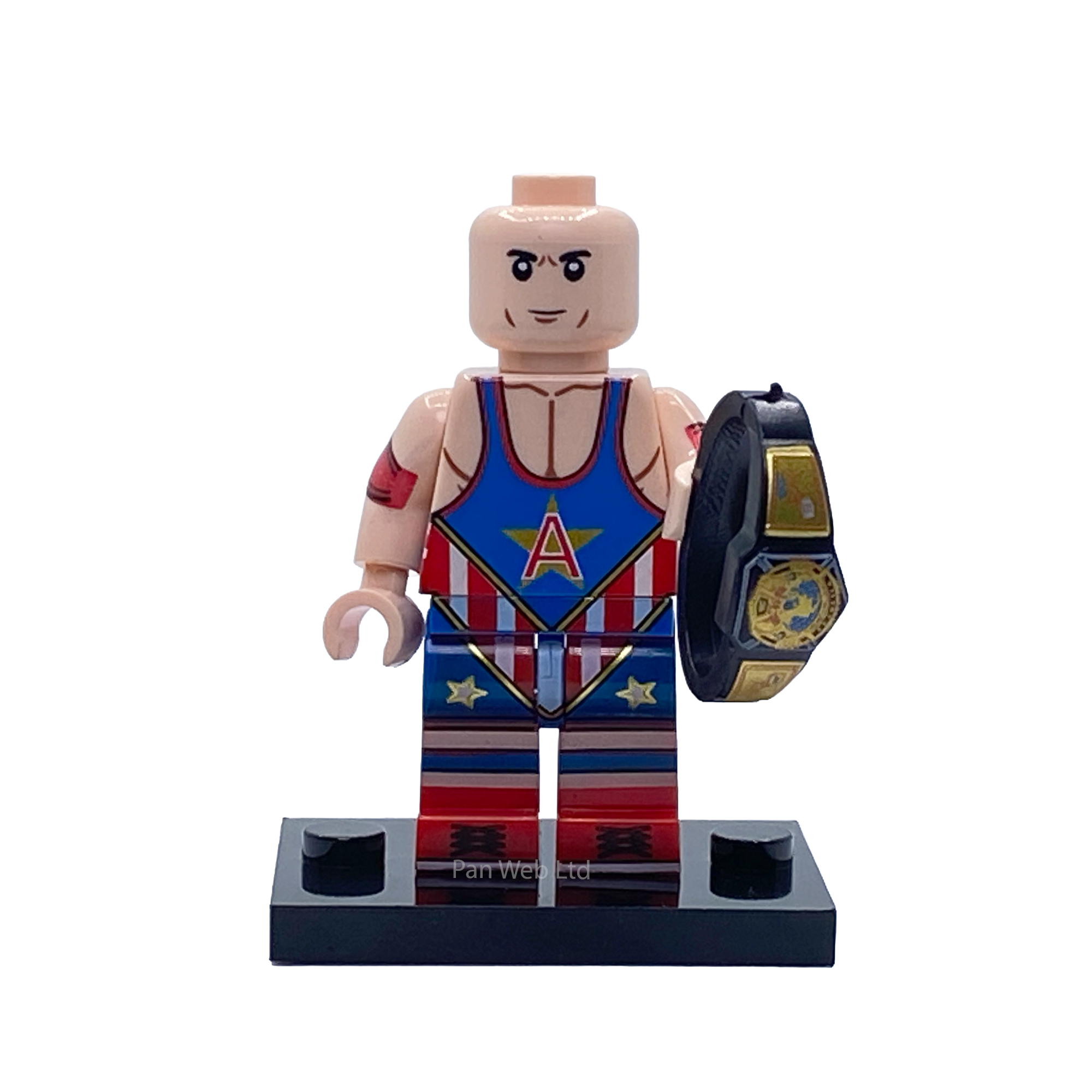 Kurt Angle WWE custom minifigure displayed with a black-and-gold championship belt on a black display base.