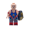 Kurt Angle WWE custom minifigure in a red, white and blue wrestling singlet, holding a black-and-gold championship belt.