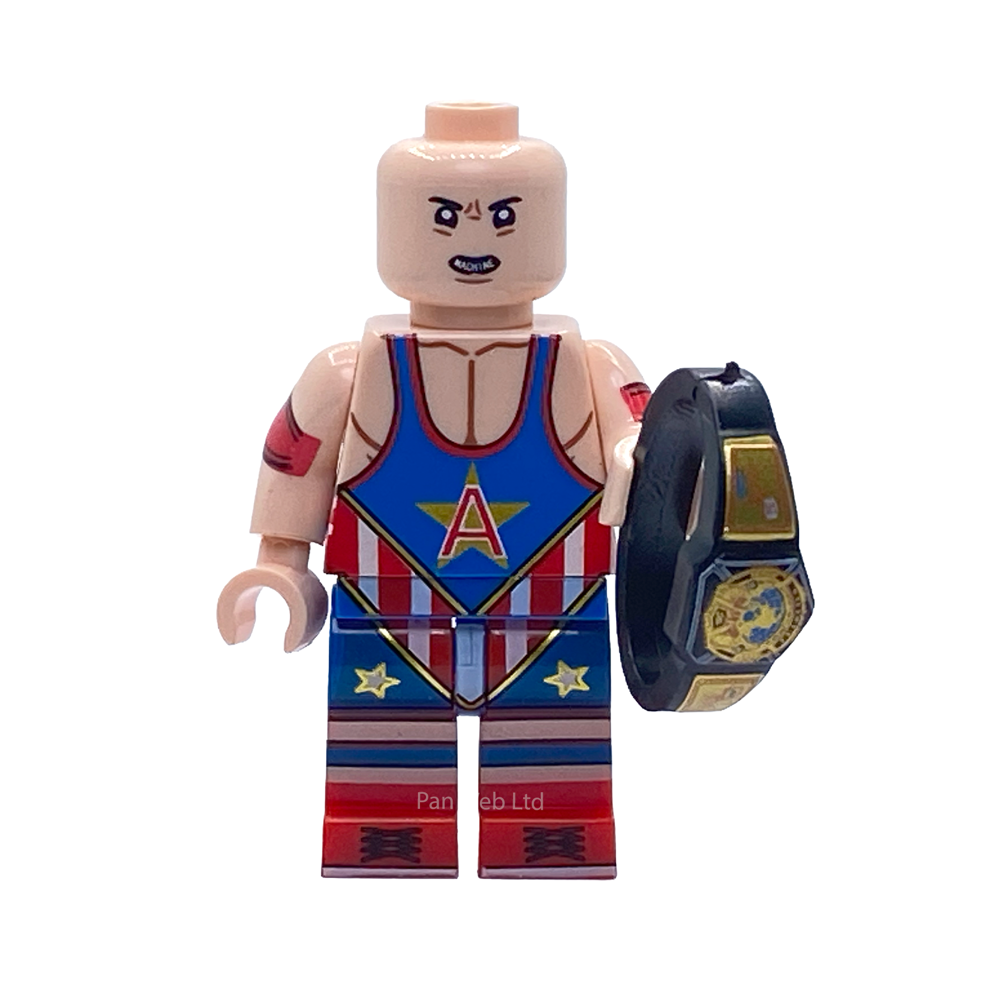 Kurt Angle WWE custom minifigure in a red, white and blue wrestling singlet, holding a black-and-gold championship belt.