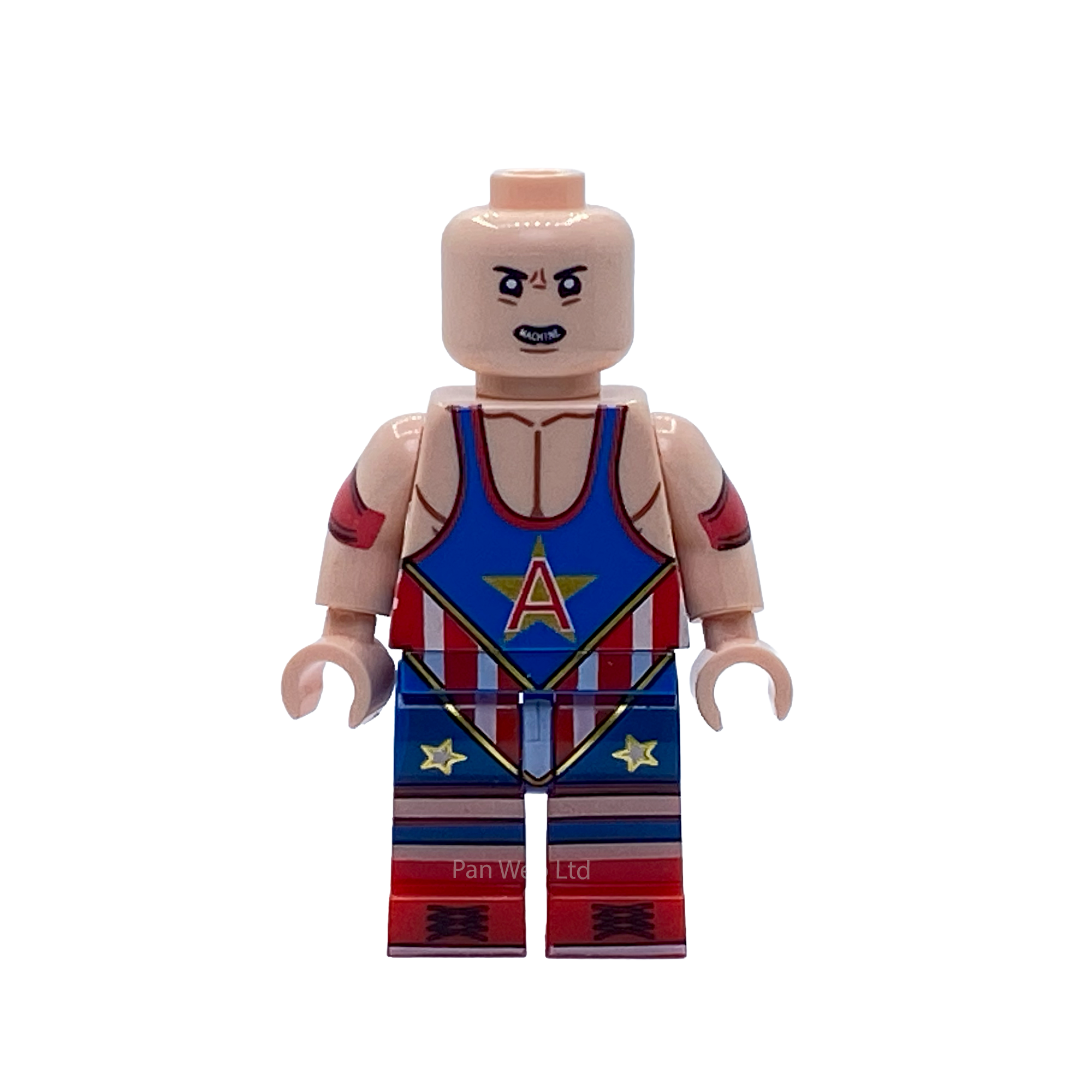 Front view of the Kurt Angle WWE custom minifigure showing the patriotic singlet, arm tattoos and wrestling attire.