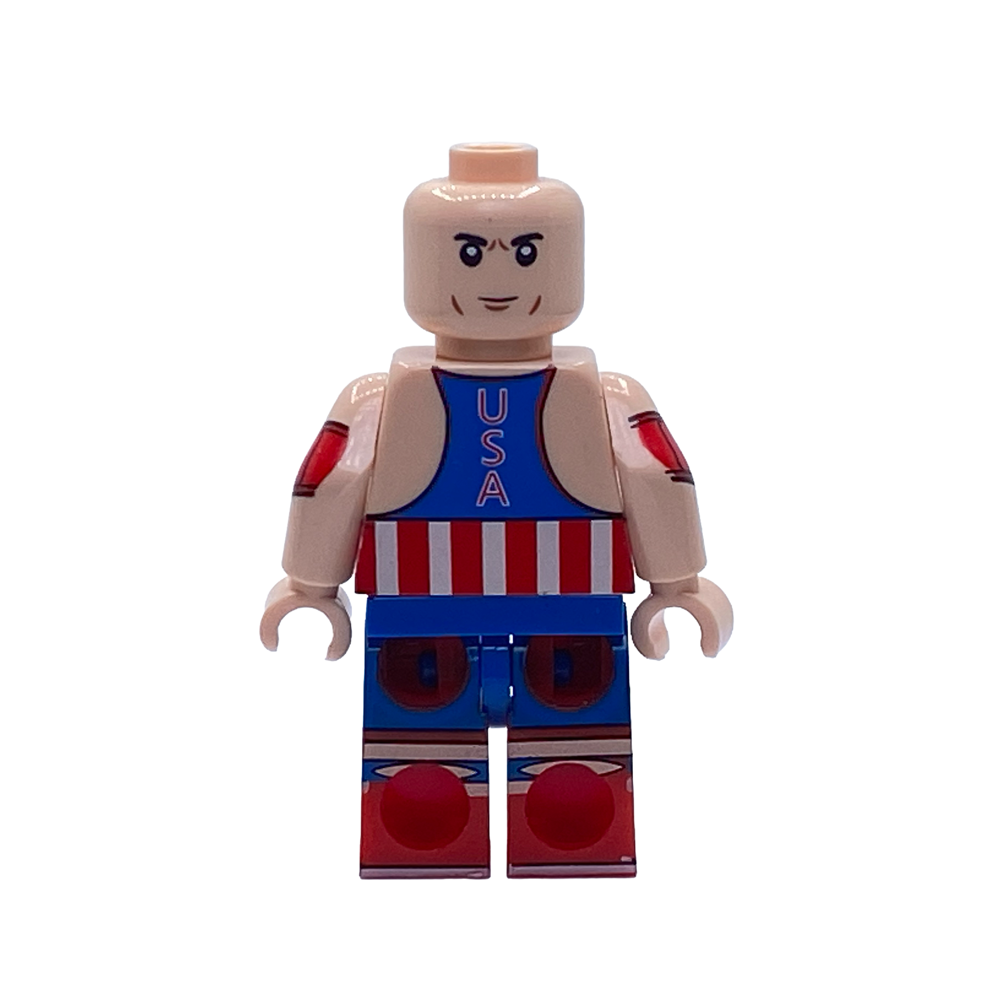 Rear view of the Kurt Angle WWE custom minifigure showing the back of the red, white and blue wrestling singlet.