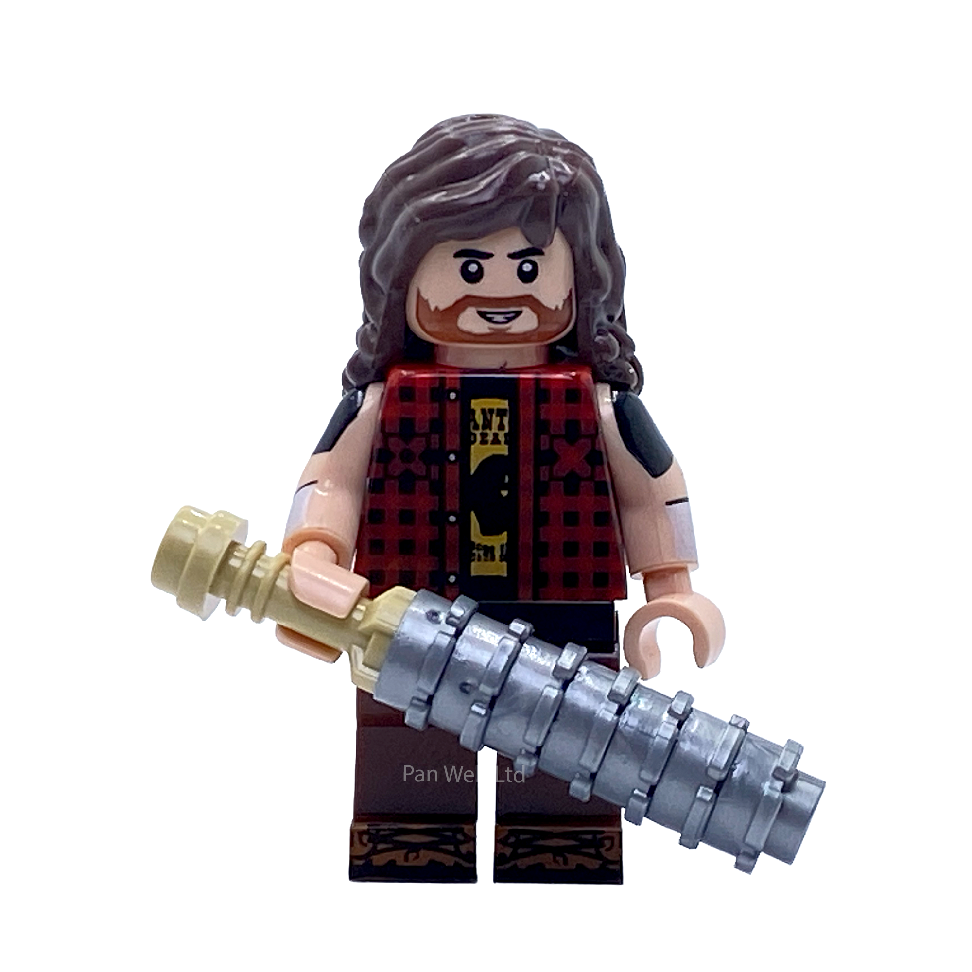 Mick Foley as Cactus Jack custom minifigure with long brown hair, beard and red-and-black plaid shirt, holding a silver barbed-wire bat.