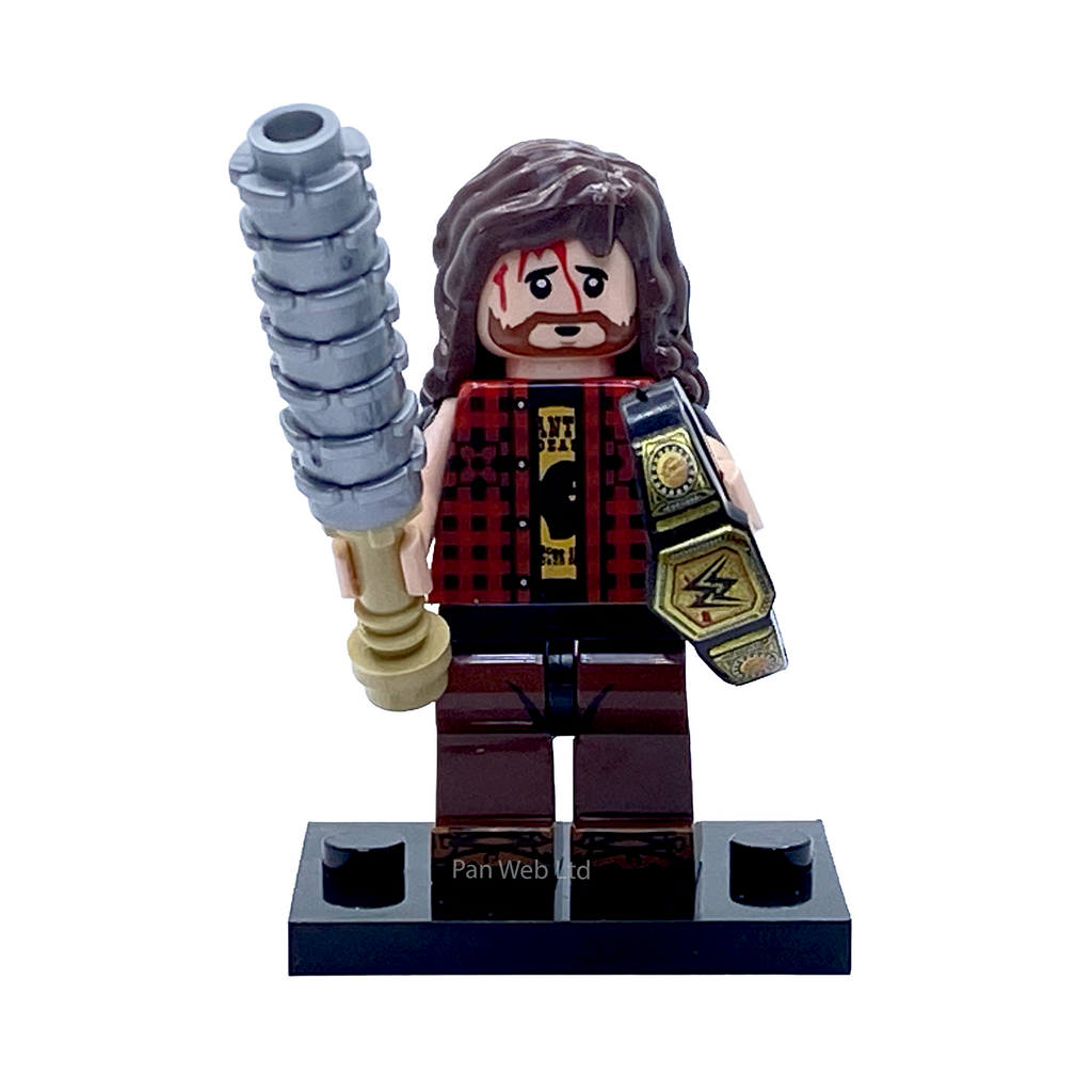 Mick Foley Cactus Jack custom minifigure displayed with a silver barbed-wire bat, championship belt and black display base.