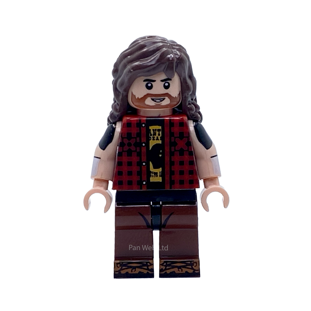 Front view of the Mick Foley Cactus Jack custom minifigure showing long brown hair, beard, red-and-black plaid shirt and brown trousers with gold print.