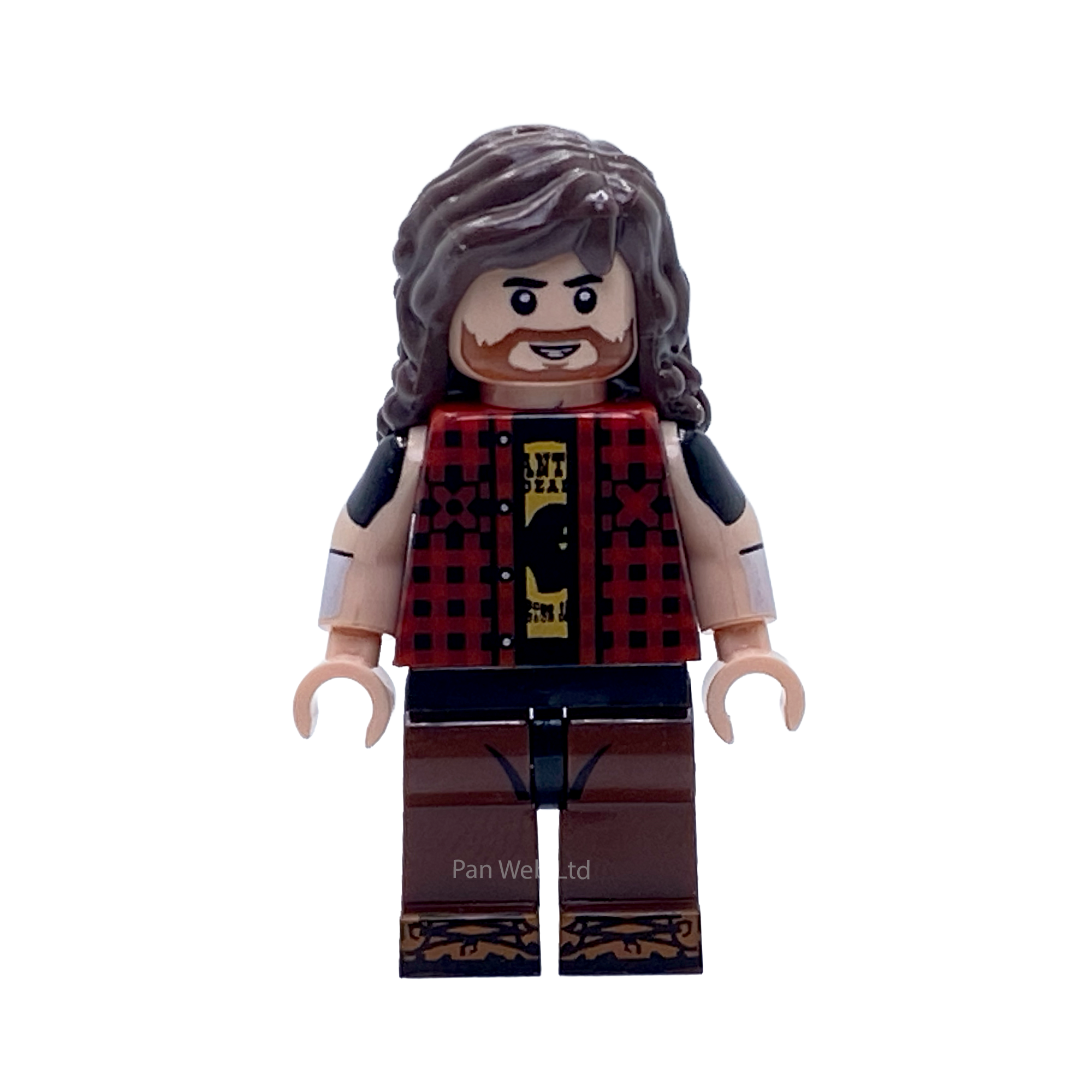 Front view of the Mick Foley Cactus Jack custom minifigure showing long brown hair, beard, red-and-black plaid shirt and brown trousers with gold print.