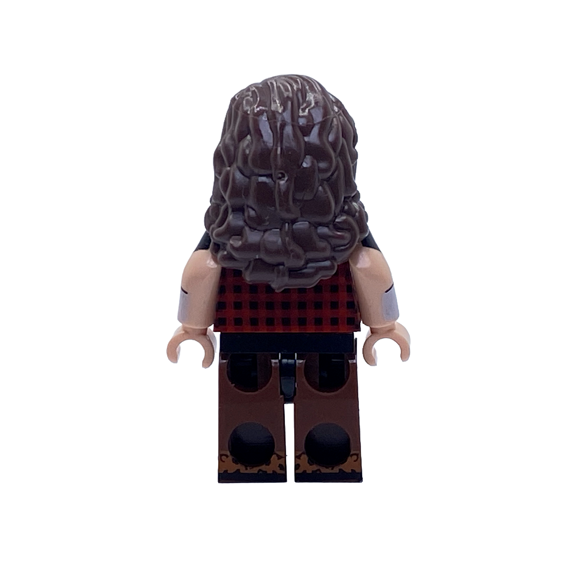 Rear view of the Mick Foley Cactus Jack custom minifigure showing long curly brown hair, the plaid shirt and brown printed trousers.