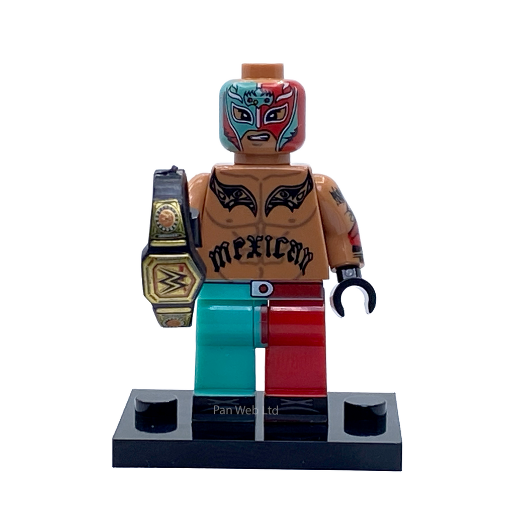 Rey Mysterio 619 WWE custom minifigure with a red-and-blue mask and split teal-and-red trousers, holding a championship belt on a black display base.