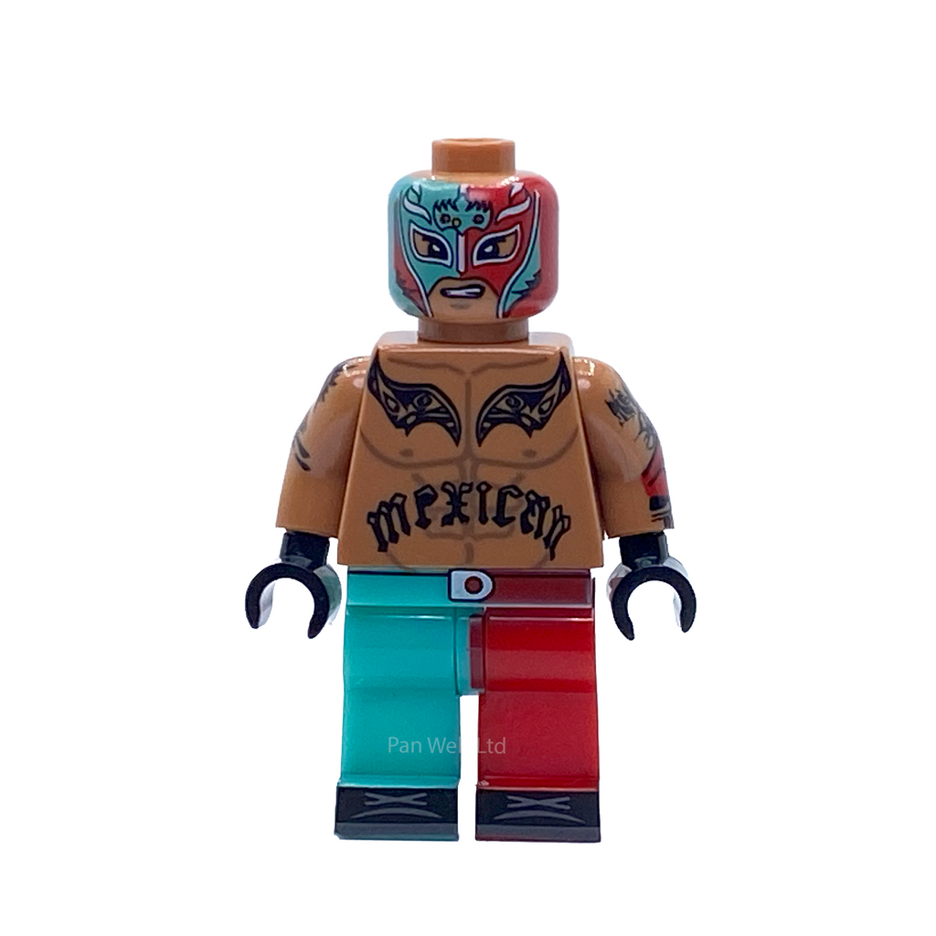 Front view of the Rey Mysterio 619 WWE custom minifigure showing a red-and-blue mask, tattooed torso and split teal-and-red wrestling trousers.