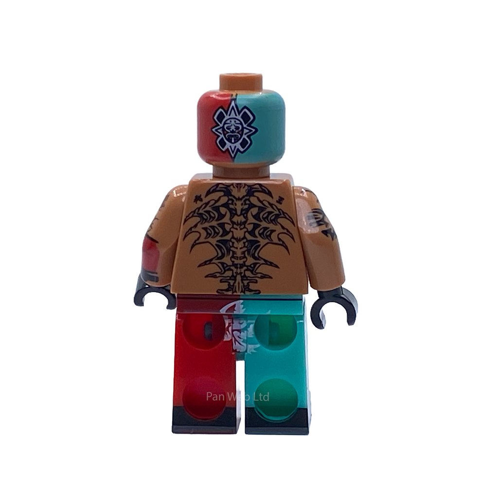 Rear view of the Rey Mysterio 619 WWE custom minifigure showing the split red-and-teal mask, black tribal back tattoo and matching trousers.