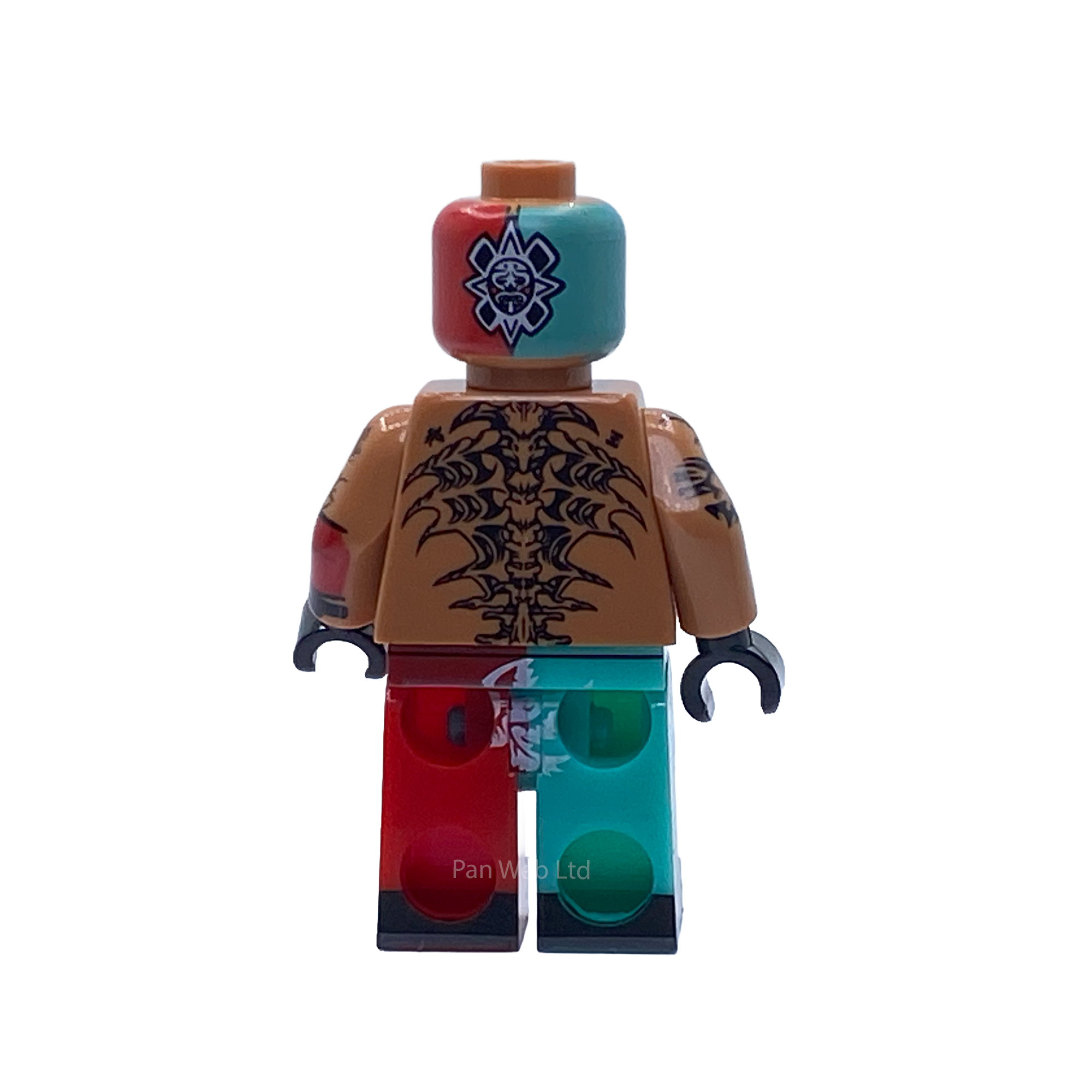 Rear view of the Rey Mysterio 619 WWE custom minifigure showing the split red-and-teal mask, black tribal back tattoo and matching trousers.