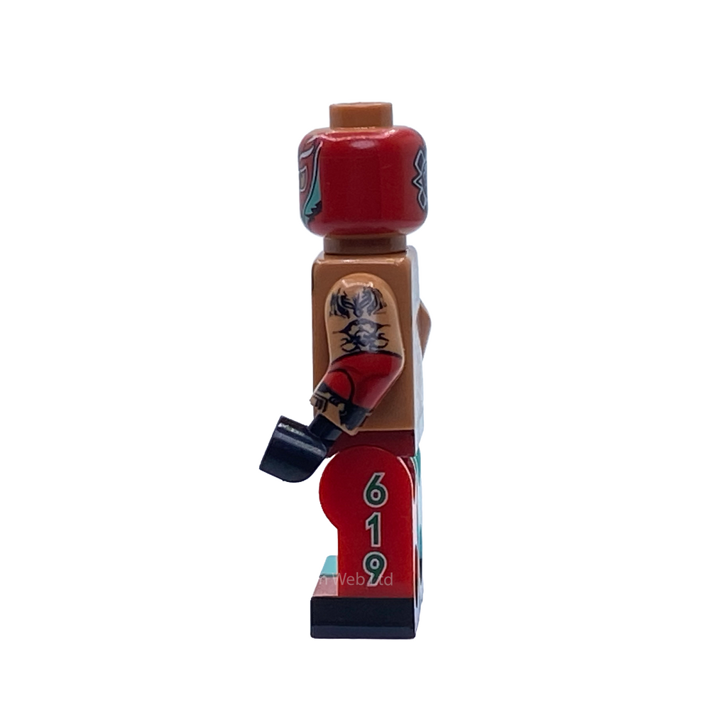 Side profile of the Rey Mysterio 619 WWE custom minifigure showing the lucha mask, black glove and green 619 print on the red trouser leg.