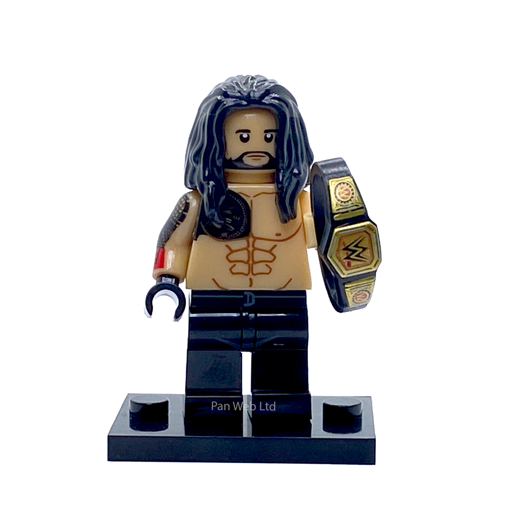Roman Reigns WWE custom minifigure displayed with a black-and-gold championship belt on a black display base.