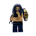 Roman Reigns WWE custom minifigure with long black hair, tattooed torso, black ring trousers and a black-and-gold championship belt.