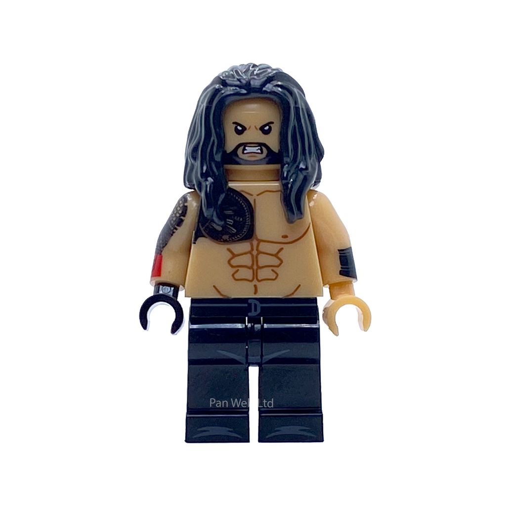 Front view of the Roman Reigns WWE custom minifigure showing long black hair, beard, tattooed torso and black ring attire.