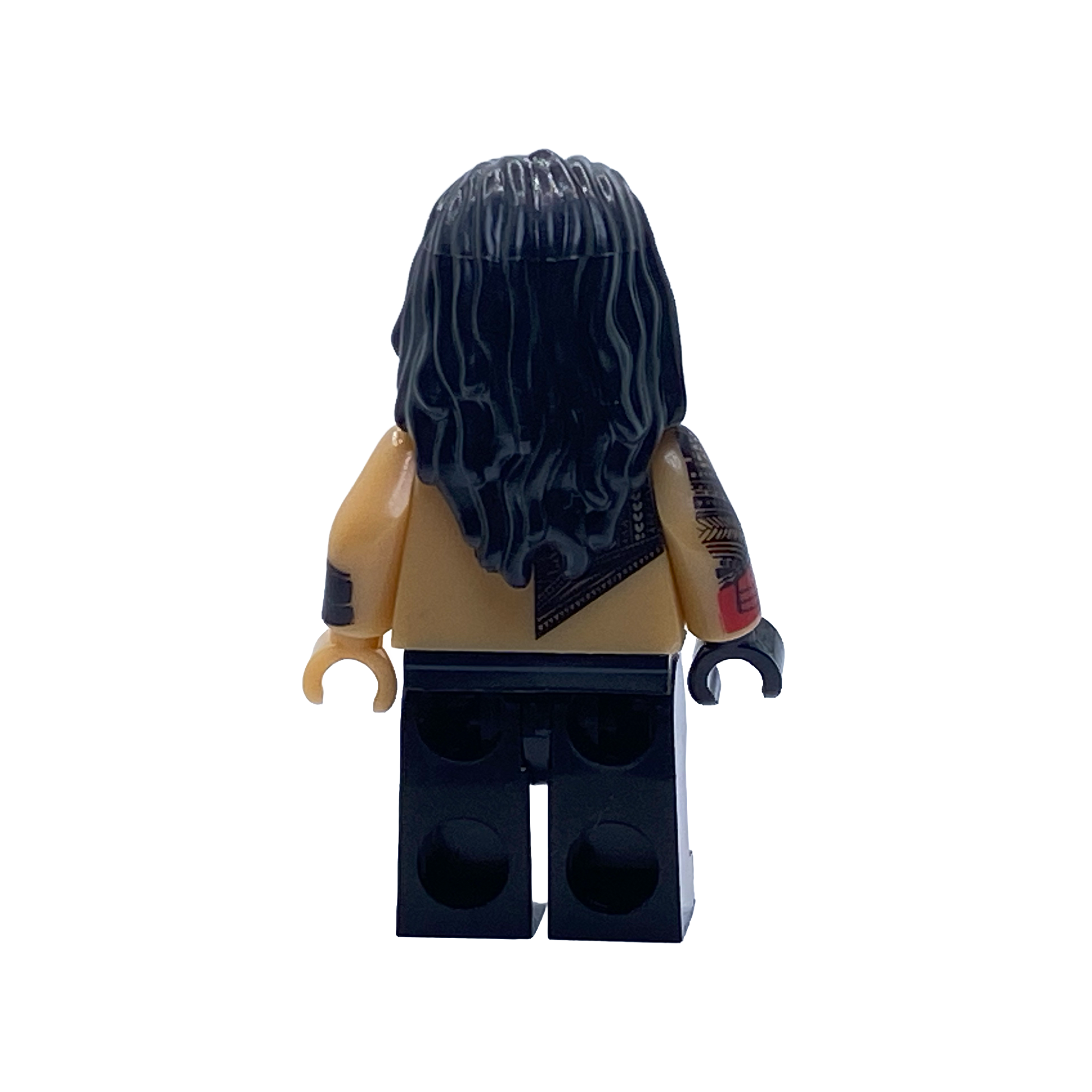 Rear view of the Roman Reigns WWE custom minifigure showing long black hair, tattooed arm, red glove and black ring trousers.