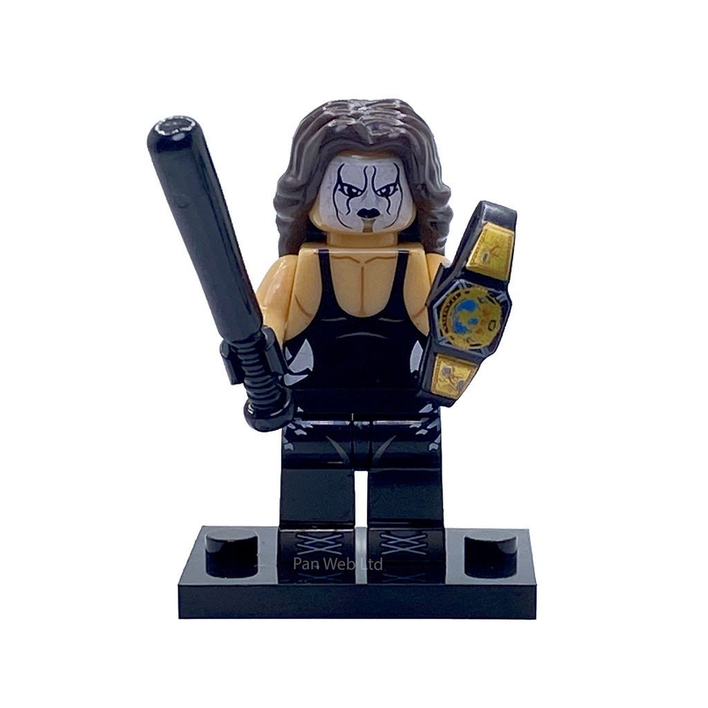 Sting WWE custom minifigure displayed with a black baseball bat, championship belt and black display base.