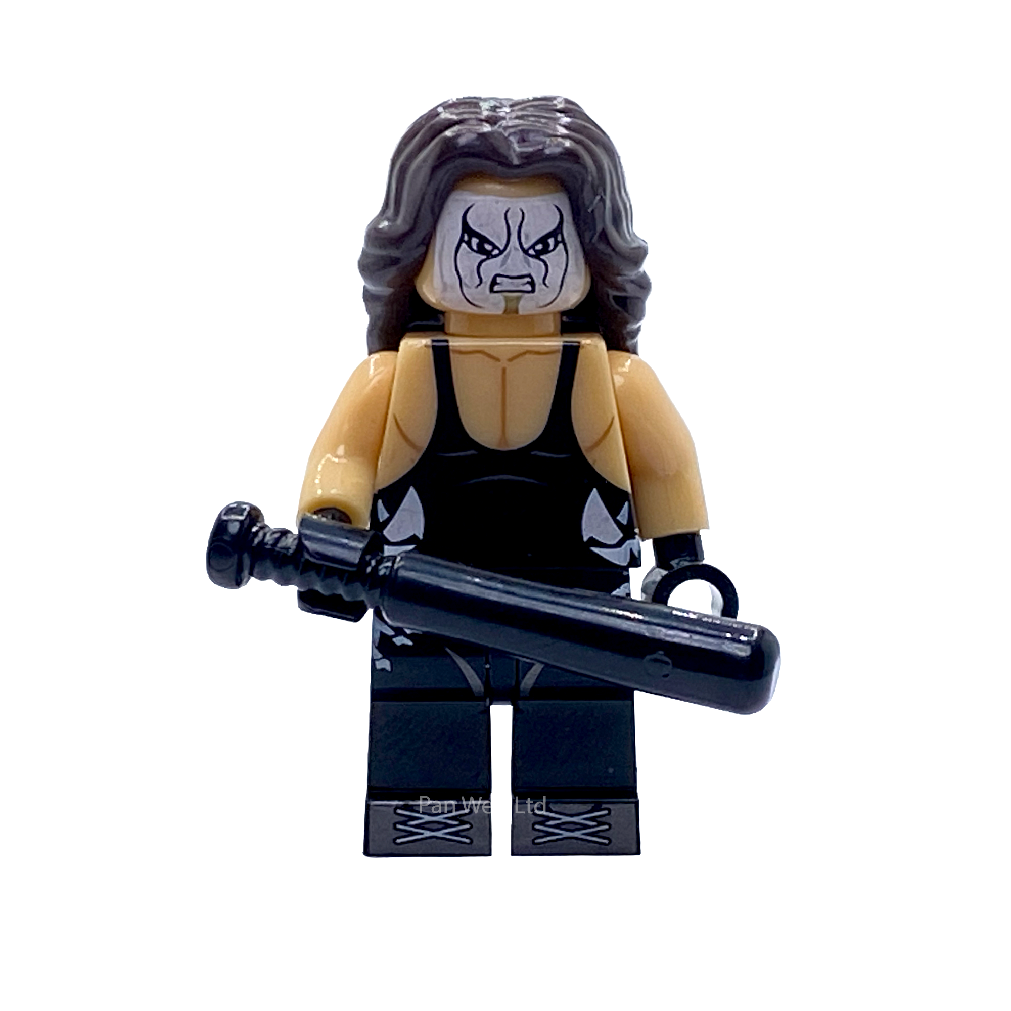 Sting WWE custom minifigure with long black hair, black-and-white face paint and all-black ring attire, holding a black baseball bat.