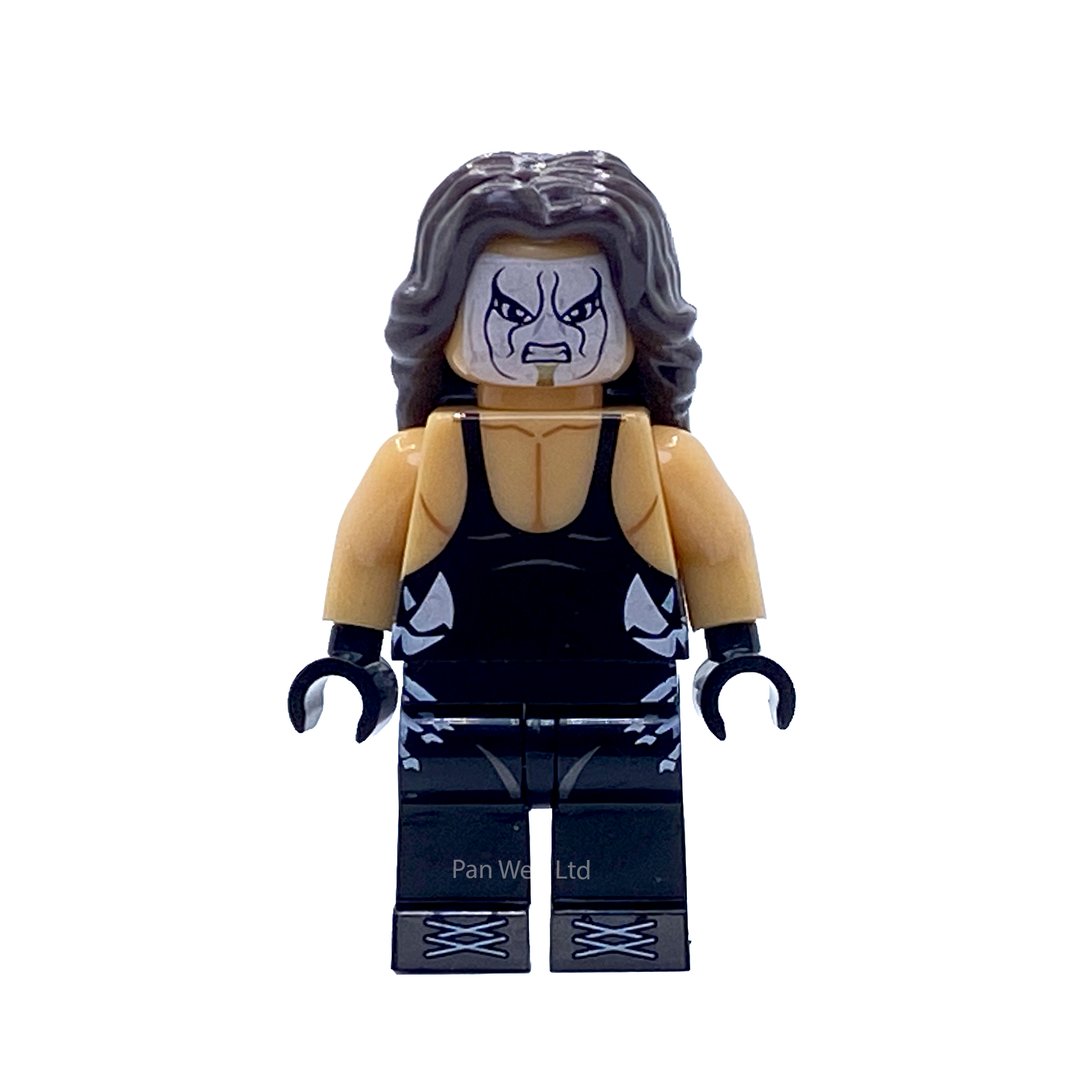 Front view of the Sting WWE custom minifigure showing monochrome face paint, long black hair and all-black wrestling gear.