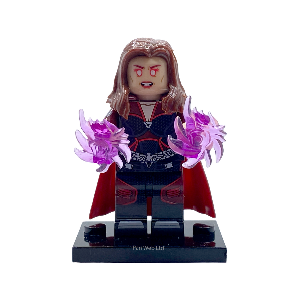 Stormfront custom minifigure from The Boys holding two translucent purple energy effects on a black display base, shown from the front.
