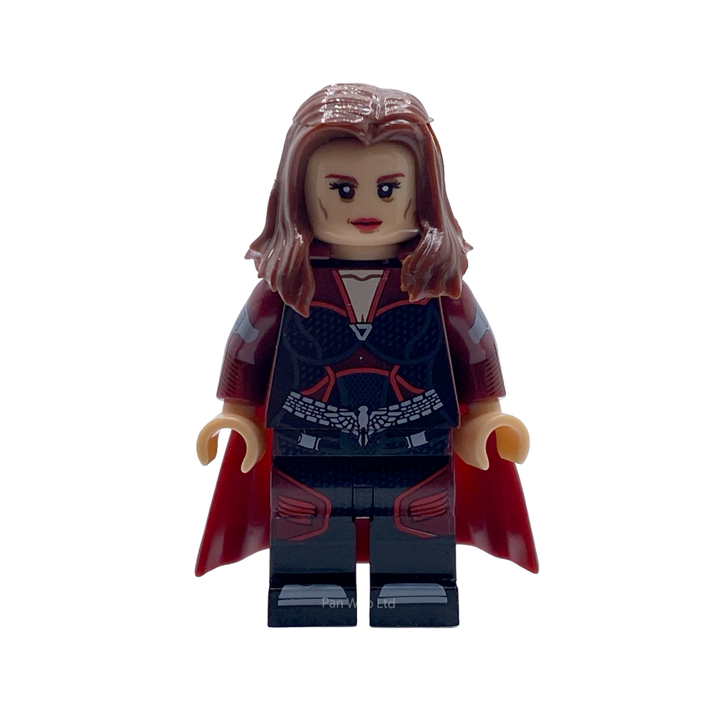 Stormfront custom minifigure from The Boys in a dark blue and red suit with red cape, shown from the front on a white background.