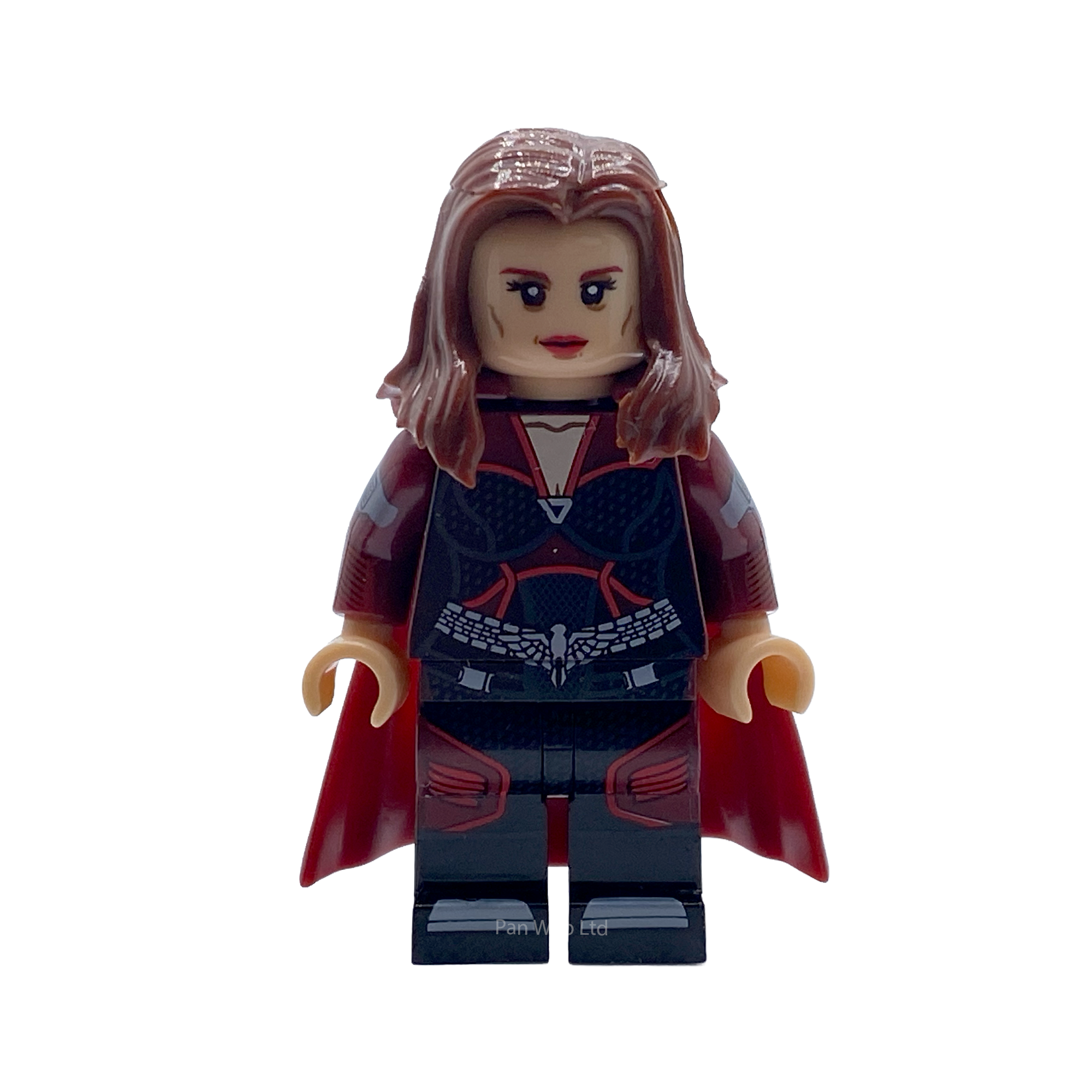 Stormfront custom minifigure from The Boys in a dark blue and red suit with red cape, shown from the front on a white background.