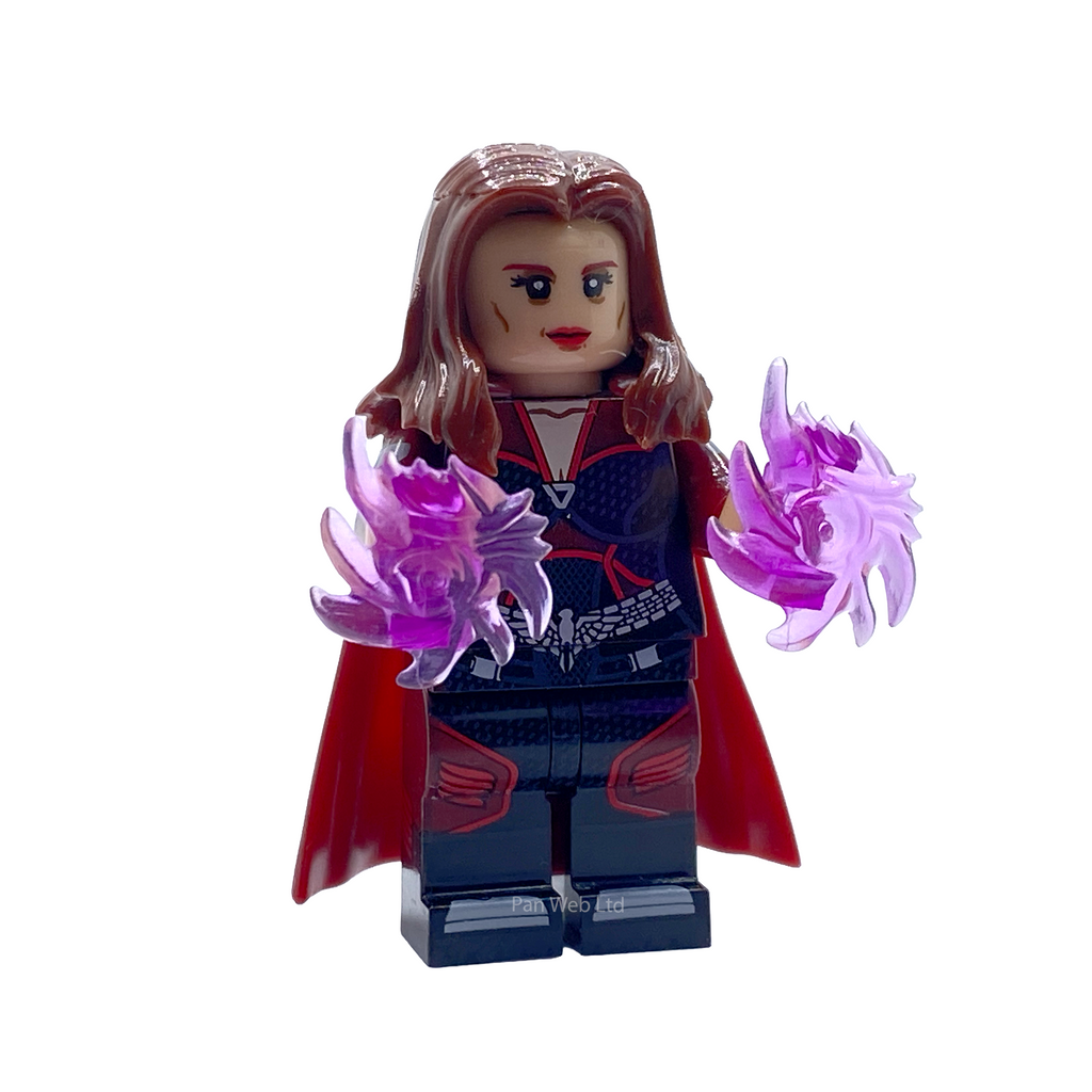Stormfront custom minifigure from The Boys with red cape and translucent purple energy effects, front view on a white background.