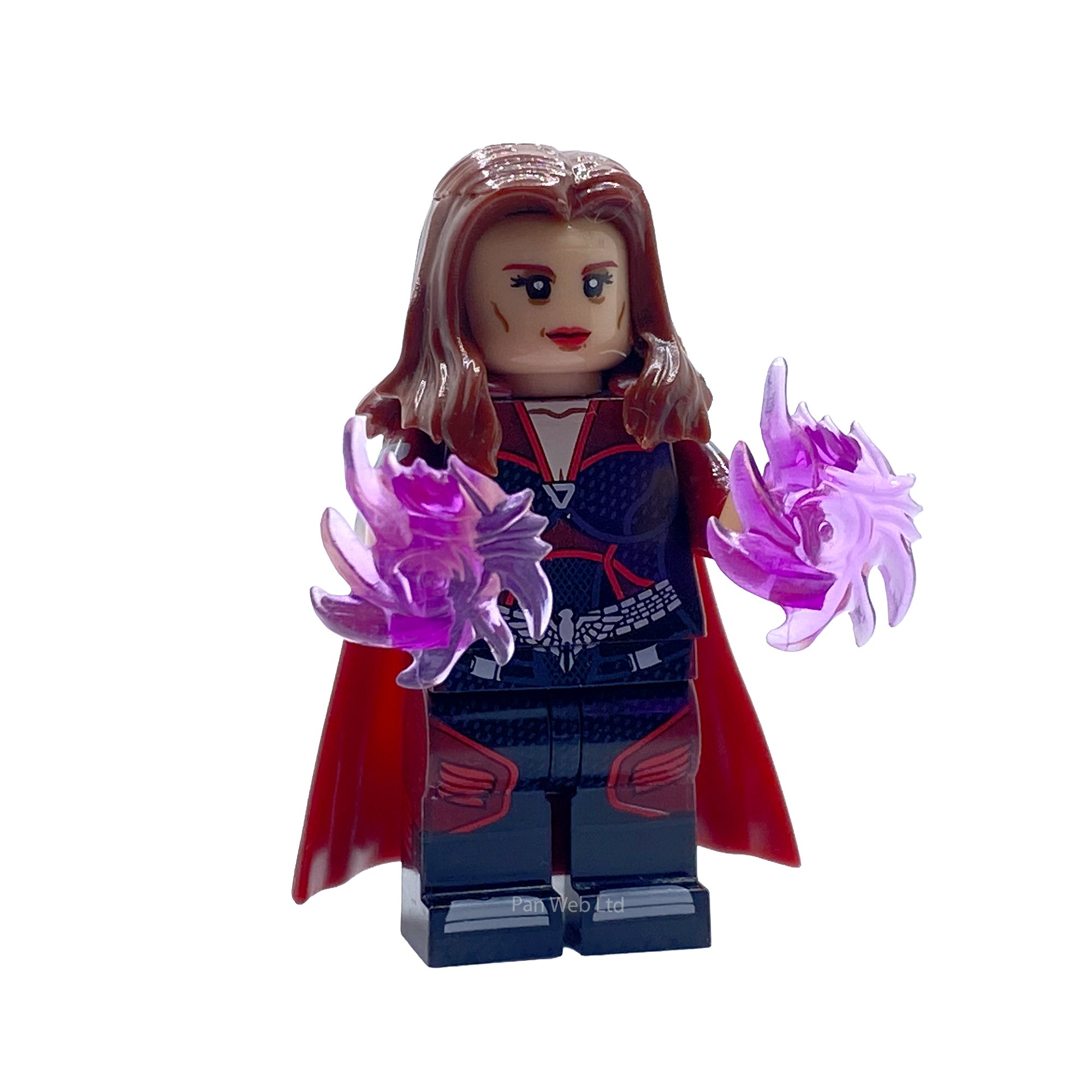 Stormfront custom minifigure from The Boys with red cape and translucent purple energy effects, front view on a white background.
