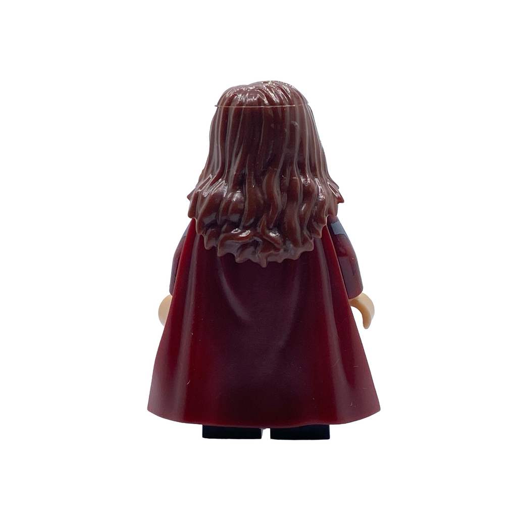 Rear view of the Stormfront custom minifigure from The Boys showing long brown hair and the full dark red cape on a white background.