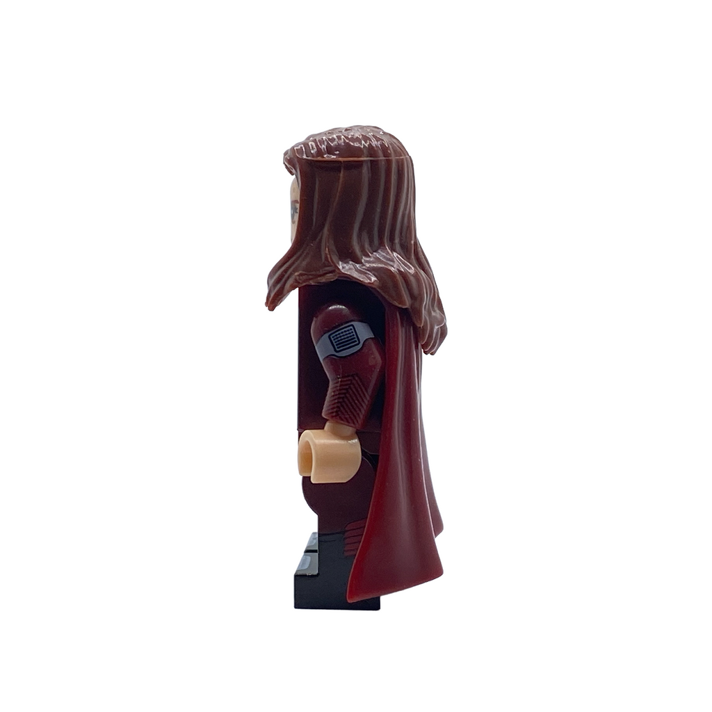 Side profile of the Stormfront custom minifigure from The Boys with long brown hair, dark red cape and printed suit on a black display base.